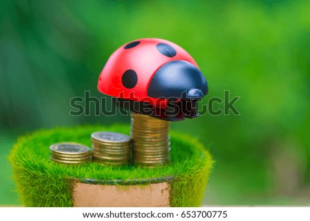 Stack of gold coin  on artificial grass in pot, on wooden table with green nature background. shallow focus. business success and banking concept.