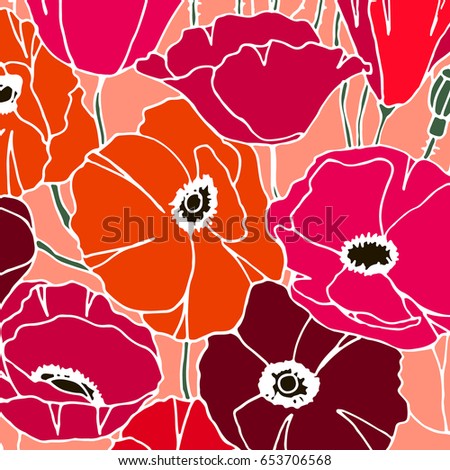 vector pattern with the image of bright poppies