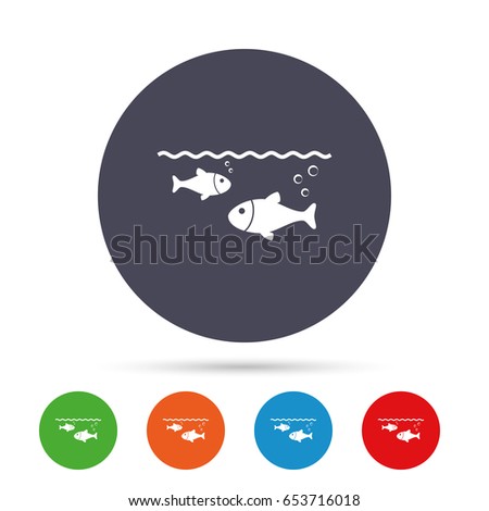 Fish in water sign icon. Fishing symbol. Round colourful buttons with flat icons. Vector