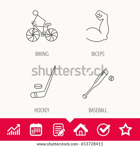 Biking, biceps and ice hockey icons. Baseball linear sign. Edit document, Calendar and Graph chart signs. Star, Check and House web icons. Vector