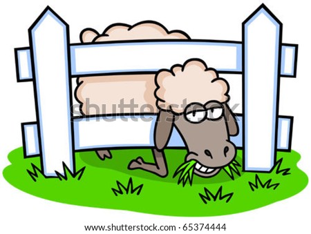 A sheep eating the "greener" grass on the other side of a fence.