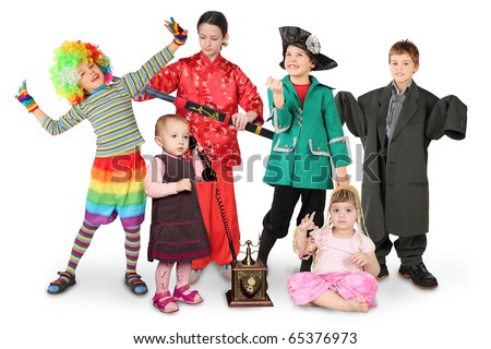 many children in costumes, clown, businessman, pirate, fighter, with phone, bellydance on white collage