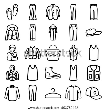 Casual icons set. set of 25 casual outline icons such as woman bag, flip flops, casino boy, overcoat, singlet, sweater, jacket, sleeveless shirt, woman pants, pants
