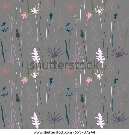 Vector floral seamless pattern with wild meadow flowers, herbs and grasses.Thin delicate line silhouettes of different plants - johnson's grass, cornflowers, thistles. 