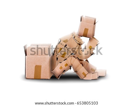 Think outside the box concept with cute box character sitting thoughtfully next to an empty container, on a white plain background. Space for copy text