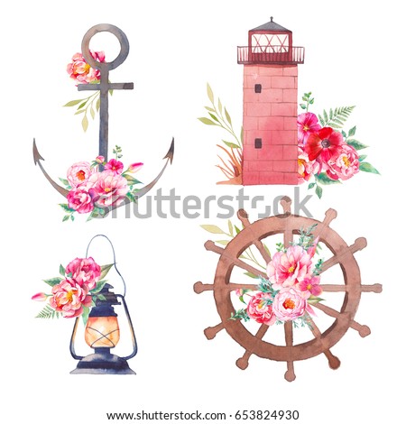 Nautical icons with flowers. Set of summer travel objects: sea anchor, wheel, lantern, lighthouse with peony, anemone, roses and leaves isolated on white background. Watercolor illustration