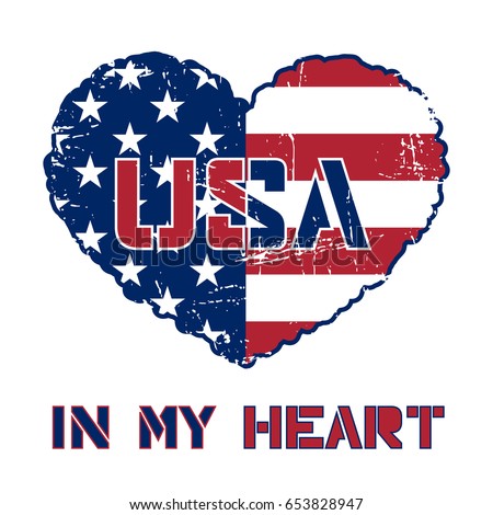 American flag as heart shaped symbol. Patriotic Typography Graphics. Mans T-shirt Printing Design. Fashion Print for sportswear apparel. Grunge and military style. illustration