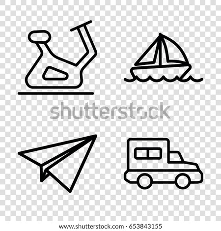 Travel icons set. set of 4 travel outline icons such as exercise bike, boat, truck