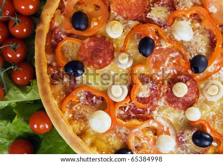 Closeup picture of a pizza with vegetables and cherry tomato