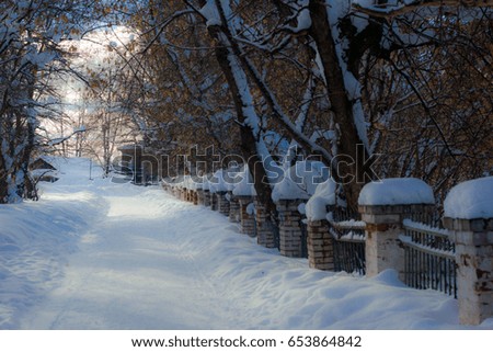 winter village road and houses snowing landscape