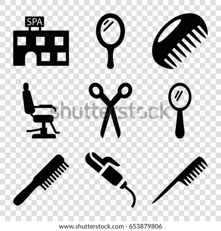 Salon icons set. set of 9 salon filled icons such as comb, barber scissors, mirror, barber chair, spa building
