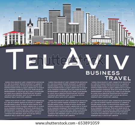 Tel Aviv Skyline with Gray Buildings, Blue Sky and Copy Space. Vector Illustration. Business Travel and Tourism Concept with Modern Architecture. Image for Presentation Banner Placard and Web Site.