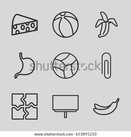 Set of 9 outline icons such as banana, puzzle, board, stomach, banana, cheese, beach ball
