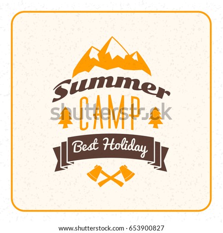 Summer holidays camping poster. Mountain adventures and outdoor activities label. Vector illustration with yellow and brown colors on textured background