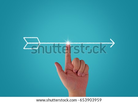 Business alignment concept, strategy and planning, hand and arrow on blue background