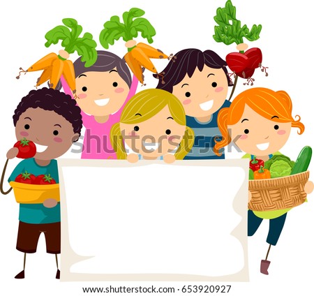 Illustration of Stickman Kids Holding Carrots, Beets, Tomatoes, A Basket of Produce and a Blank Board
