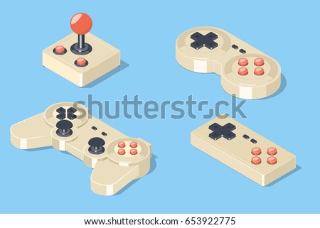 Gamepad and joystick set. Video game controllers collection. Isometric vector illustration Royalty-Free Stock Photo #653922775