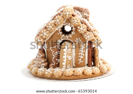 Christmas gingerbread house isolated on white background. Shallow dof