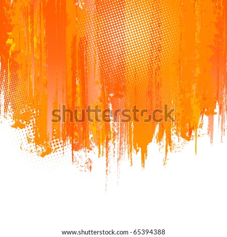 Orange Paint Splashes Background. Vector background with place for your text. Color ink. Artistic Color Graphic.  Hand drawn Backdrop with spatter. Vector Splash Graffiti Texture with Halftone Dots