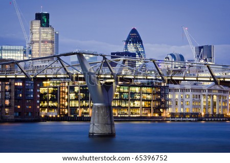 Financial District and Millennium Bridge, London. This view includes :Tower 42 Gherkin,Willis Building, and Stock Exchange Tower