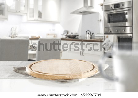 white background of free space in kitchen and wooden desk space 