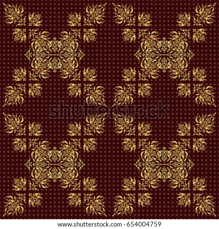 Abstract vector seamless pattern with golden ornaments on a brown backdrop. Vintage design with gold ornaments.