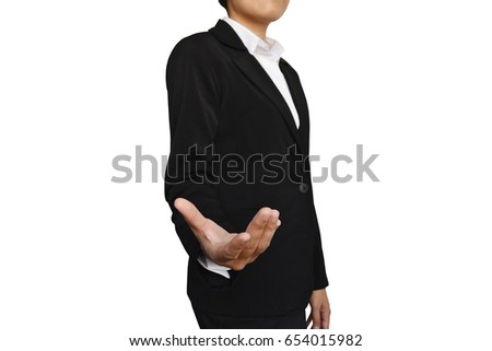 Business woman with hand showing blank sign isolated on white background. This picture has clipping path for easy to use. 