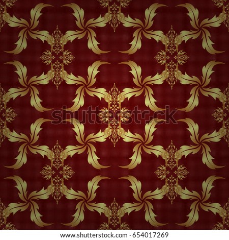Golden vintage seamless pattern on a red background. Abstract vector golden texture. Low poly gold pattern illustration.