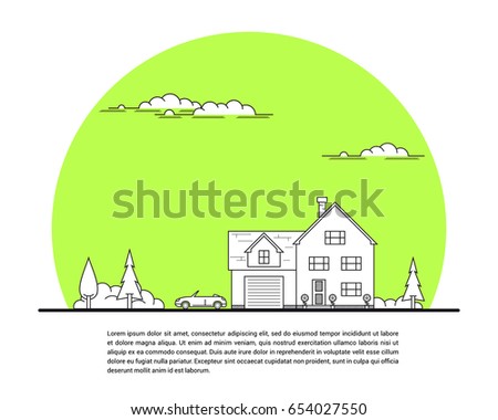 Picture of private family house with car and trees, real estate concept, thin line flat illustration