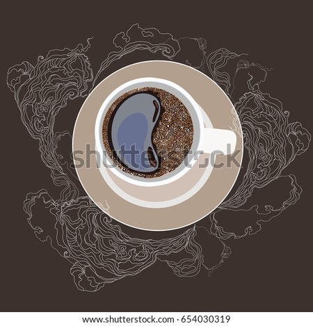 Vector illustration, coffee mug, on a plate. White smoke on a dark gray background.