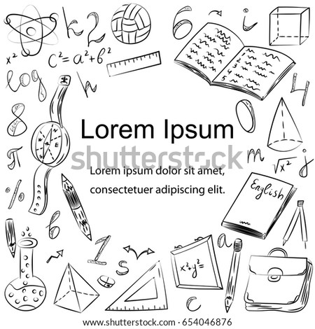 Hand Drawn School Symbols. Children Drawings of Ball, Books,Pencils, Rulers, Flask, Compass, Arrows with Place for Text in the Center. Vector Illustration.