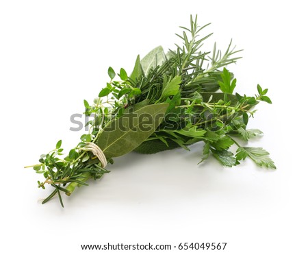 fresh bouquet garni, bunch of herbs isolated on white background Royalty-Free Stock Photo #654049567