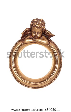 Oval baroque gold frame with cupid isolated on white.