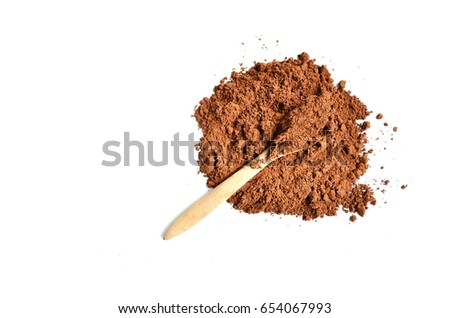 Spoon with cocoa powder, brown Powder isolated on white background