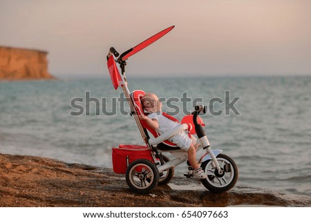 A small child is sitting in a children's bicycle on the beach