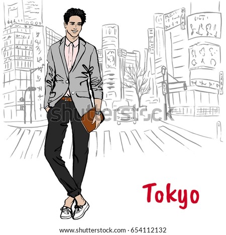 Sketch of man with tablet on street in Shibuya, Tokyo, Japan