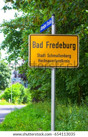 Place name of the village Bad Fredeburg, belonging to the community of Stadt Schmallenberg, Hochsauerland..
