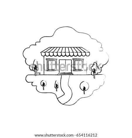 monochrome blurred silhouette scene of natural landscape and store with awning vector illustration