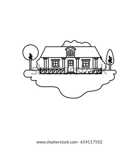 monochrome silhouette scene of outdoor landscape and country house with railing vector illustration