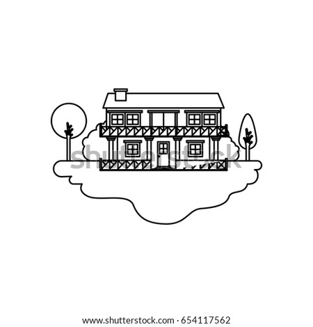 monochrome silhouette scene of outdoor landscape and country house of two floors with railing vector illustration