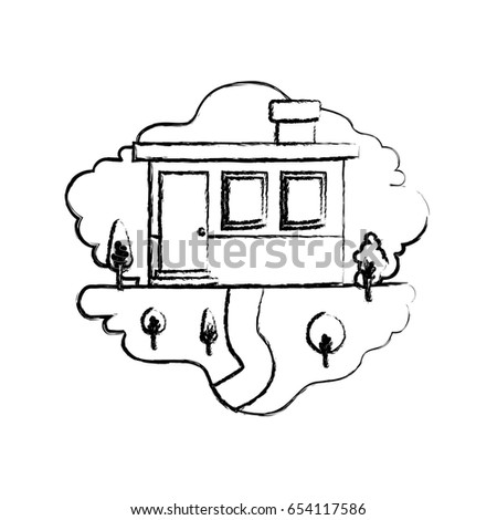 monochrome blurred silhouette scene of natural landscape and small house facade with chimney vector illustration