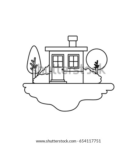 monochrome silhouette scene of outdoor landscape and small house with chimney vector illustration