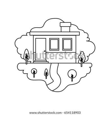 monochrome silhouette scene of natural landscape and small house facade with chimney vector illustration
