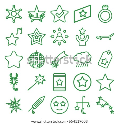 Star icons set. set of 25 star outline icons such as scorpion, sun, bed mobile, star, favorite music, fireworks, disco ball, sheriff, rank, tag, constellation, ring, celebrity