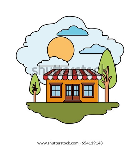 white background with colorful scene of natural landscape and store with awning in sunny day vector illustration