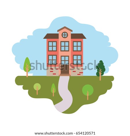 white background with colorful scene of natural landscape and facade house of two floors with attic vector illustration