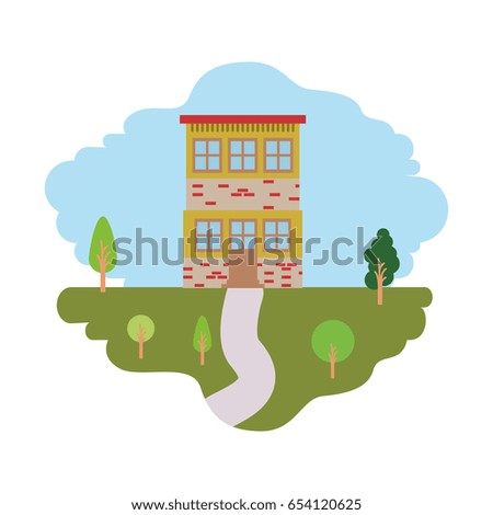 white background with colorful scene of natural landscape and house of two floors vector illustration