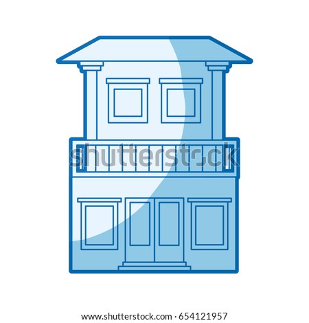 blue shading silhouette of house with two floors and balcony vector illustration
