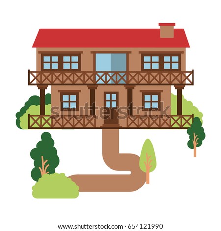 white background with natural landscape country house of two floors with railing vector illustration