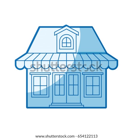 blue shading silhouette of store with awning and attic vector illustration